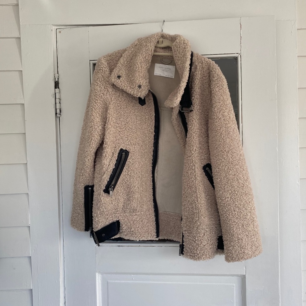 Zara Sherpa Coat with Leather Detailing